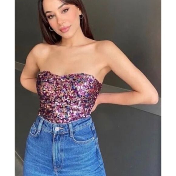 NWT Zara Blogger’s Favorite Festive Days Sweetheart Neckline Sequin Top, XS - Picture 6 of 16